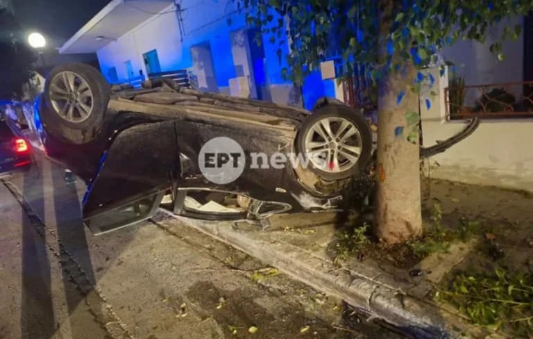 Σοβαρό τροχαίο στην Παρηγοριά Χανίων με ανατροπή αυτοκινήτου