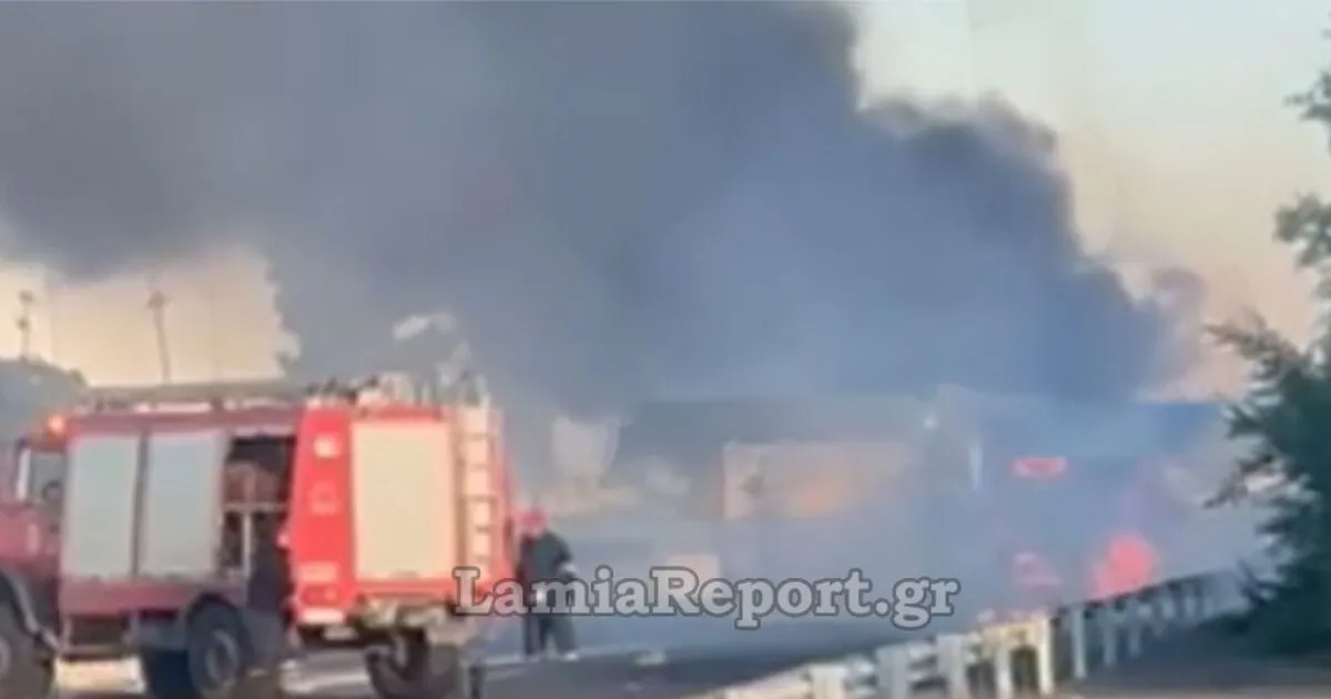 φωτιά φορτηγού ψυγείου εθνική οδός Βελεστίνο ΠΑΘΕ