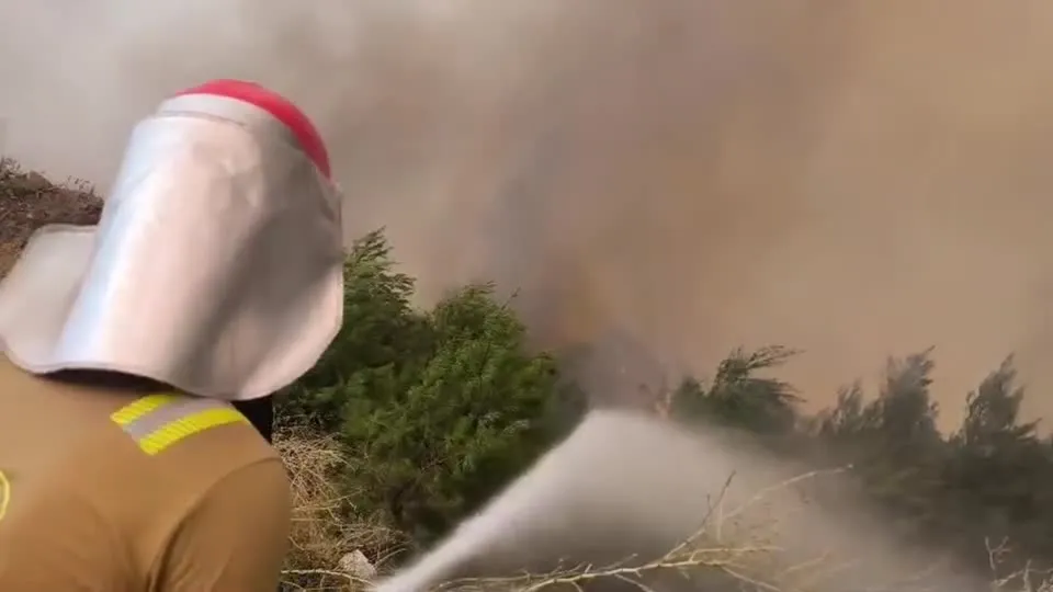 Πυροσβεστικό αεροσκάφος ρίχνει νερό πάνω από φλεγόμενο δάσος