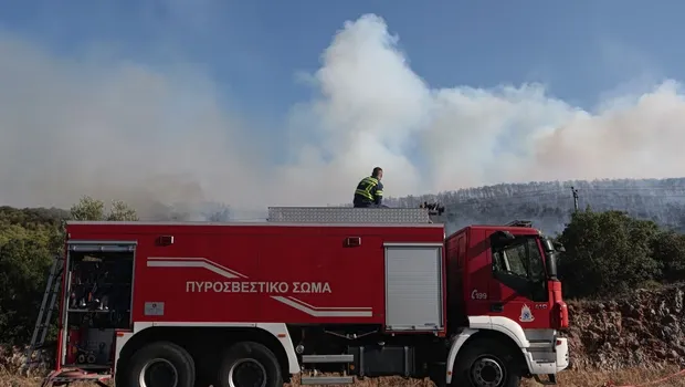 Καπνός και φλόγες από τη φωτιά στην Οινόη Αττικής