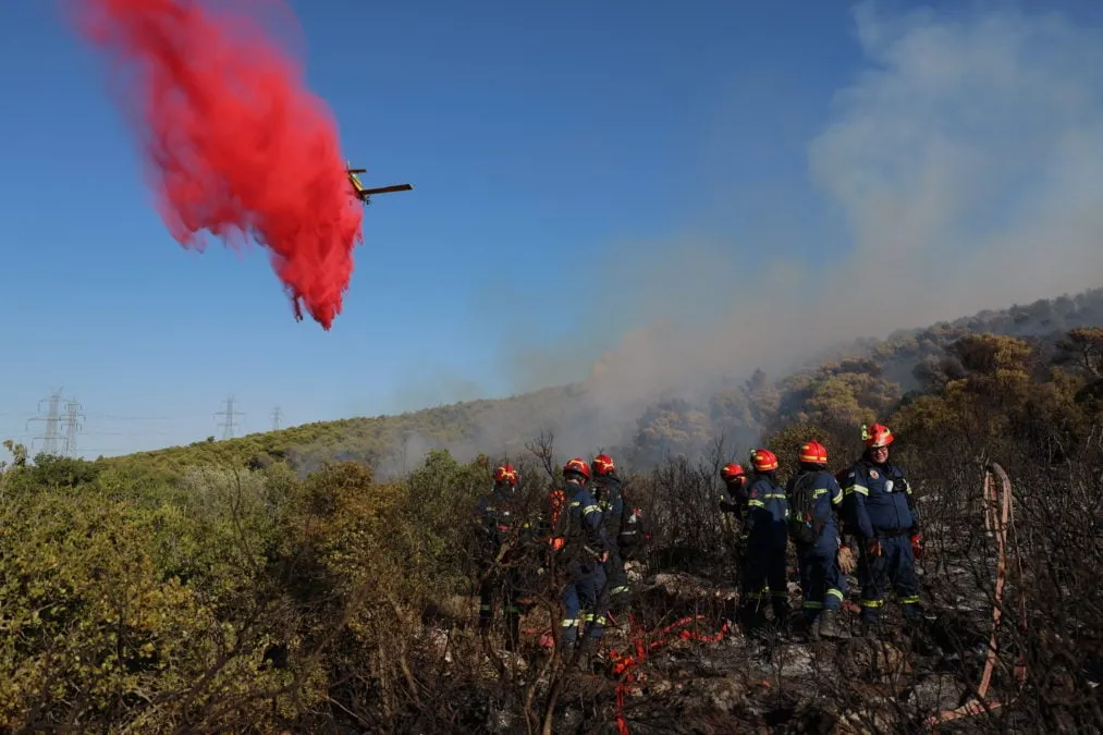 Καπνός και φλόγες από τη φωτιά στην Οινόη Αττικής