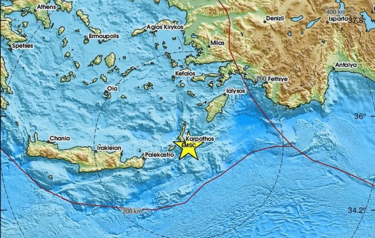 Χάρτης επικέντρου σεισμού στην Κάρπαθο