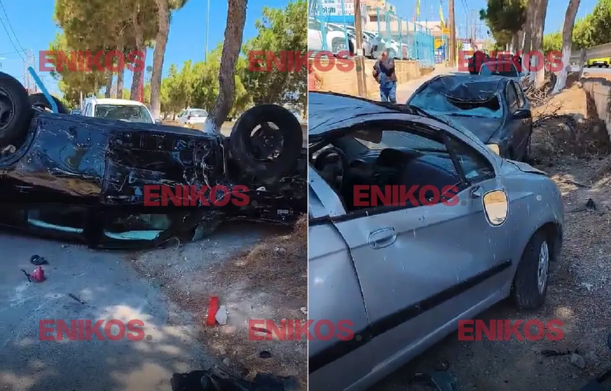 Αναποδογυρισμένο αυτοκίνητο μετά από τροχαίο στη Χερσόνησο Κρήτης