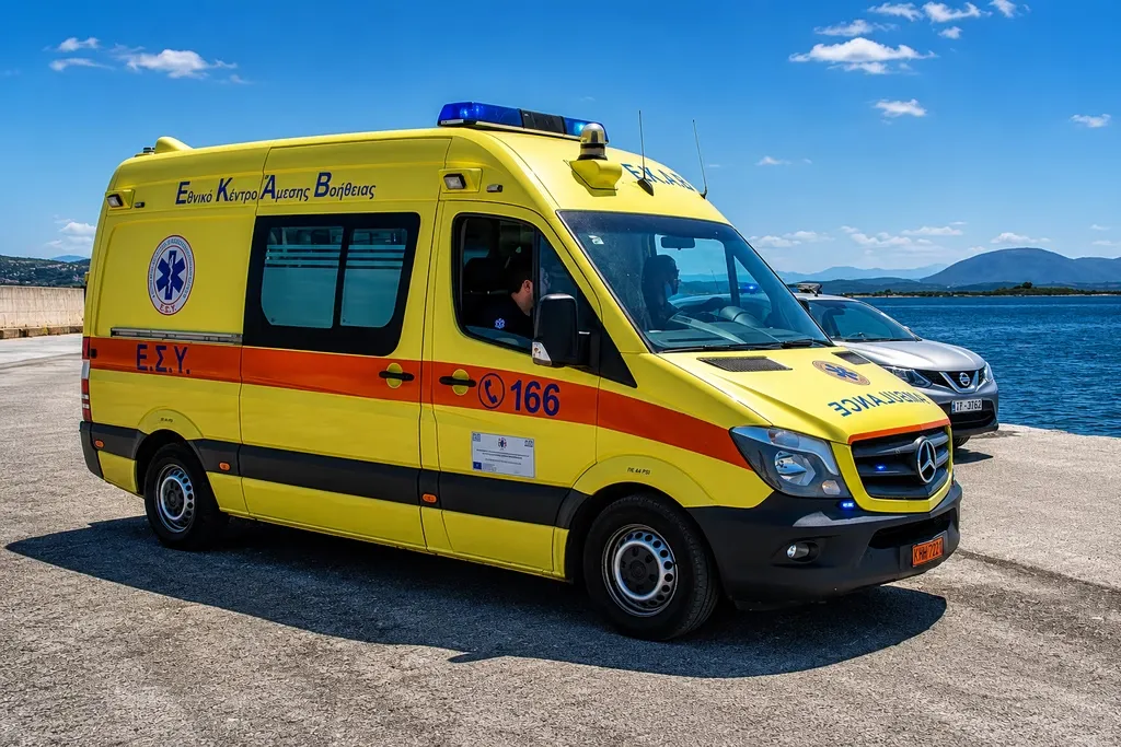 Ασθενοφόρο ΕΚΑΒ σε λιμάνι της Ζακύνθου κατά τη διάσωση