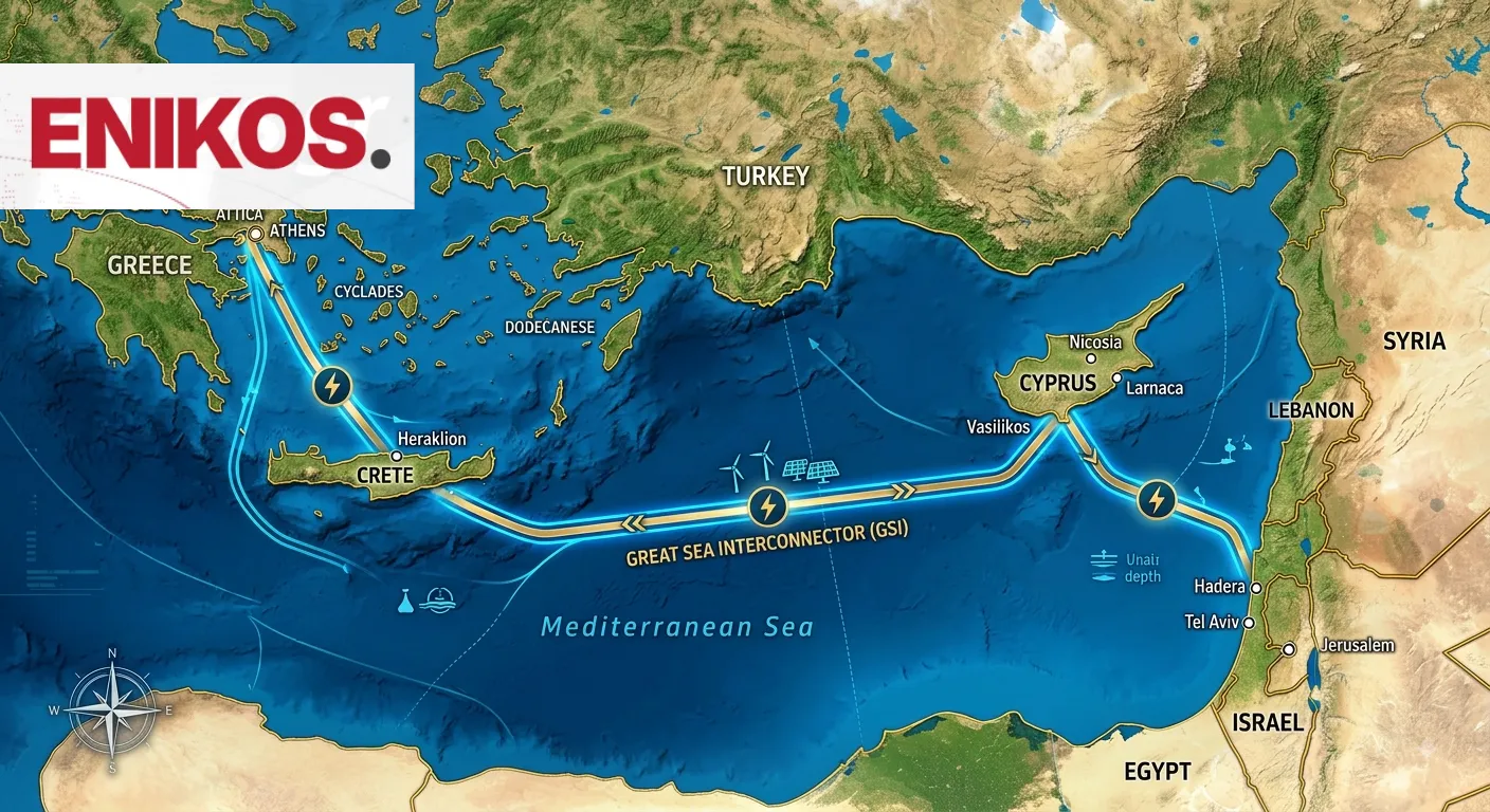 Χάρτης ηλεκτρικής διασύνδεσης Ελλάδας Κύπρου Ισραήλ Great Sea Interconnector