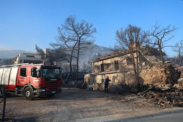 Καμένα σπίτια και δασική έκταση στη Σαλαμίνα