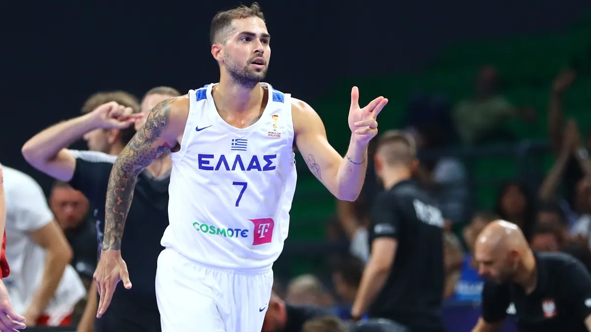 Παίκτες της Εθνικής Ελλάδας μπάσκετ σε αγώνα