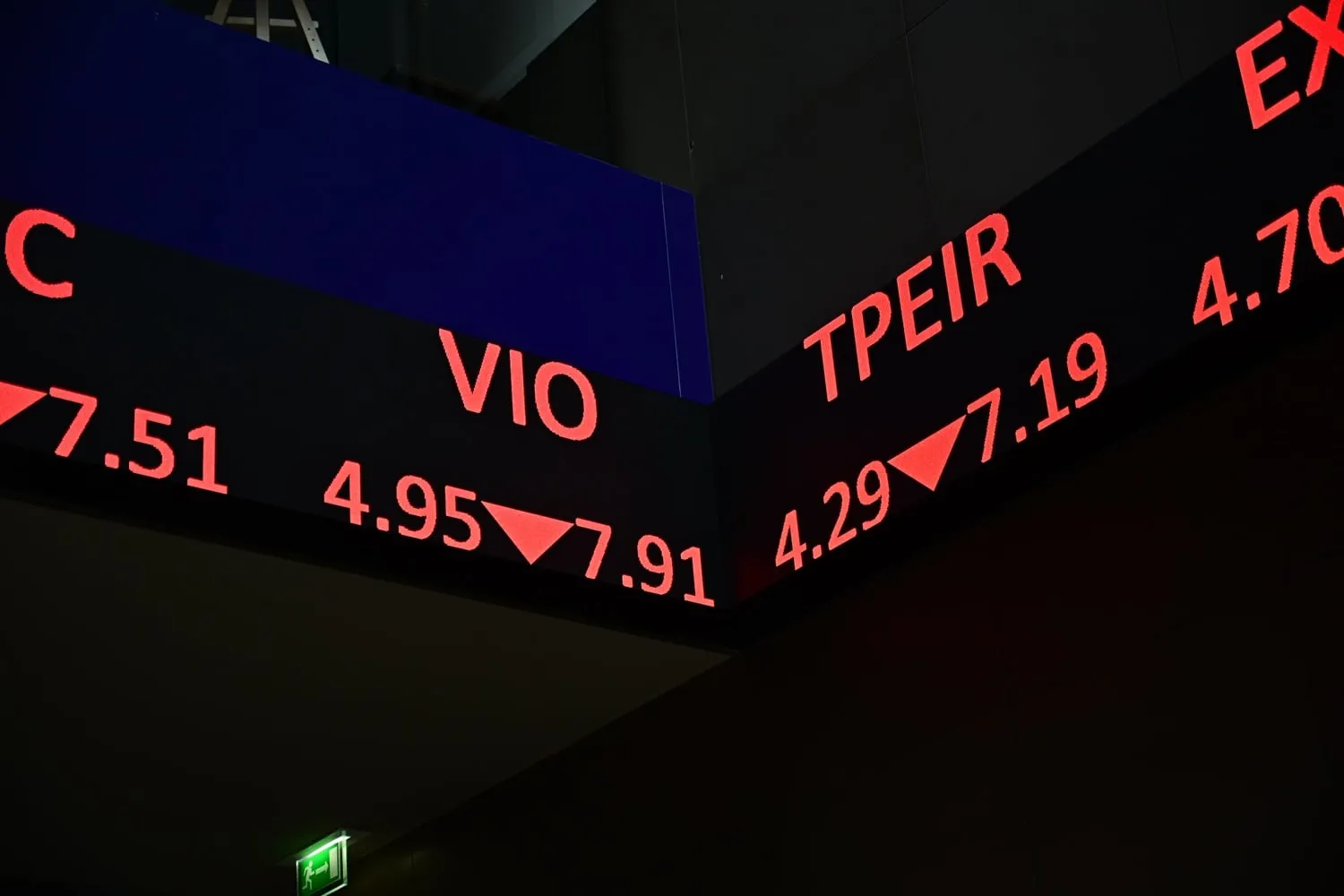 Οθόνη χρηματιστηρίου με πτωτικούς δείκτες μετοχών
