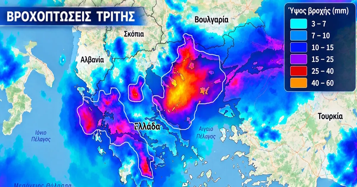 Σκοτεινά σύννεφα καταιγίδας πάνω από ελληνική πόλη