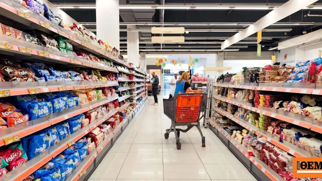 Ράφια σούπερ μάρκετ με ετικέτες μειωμένων τιμών
