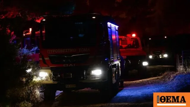 Πυροσβέστες κατασβήνουν φωτιά σε χαμηλή βλάστηση τη νύχτα