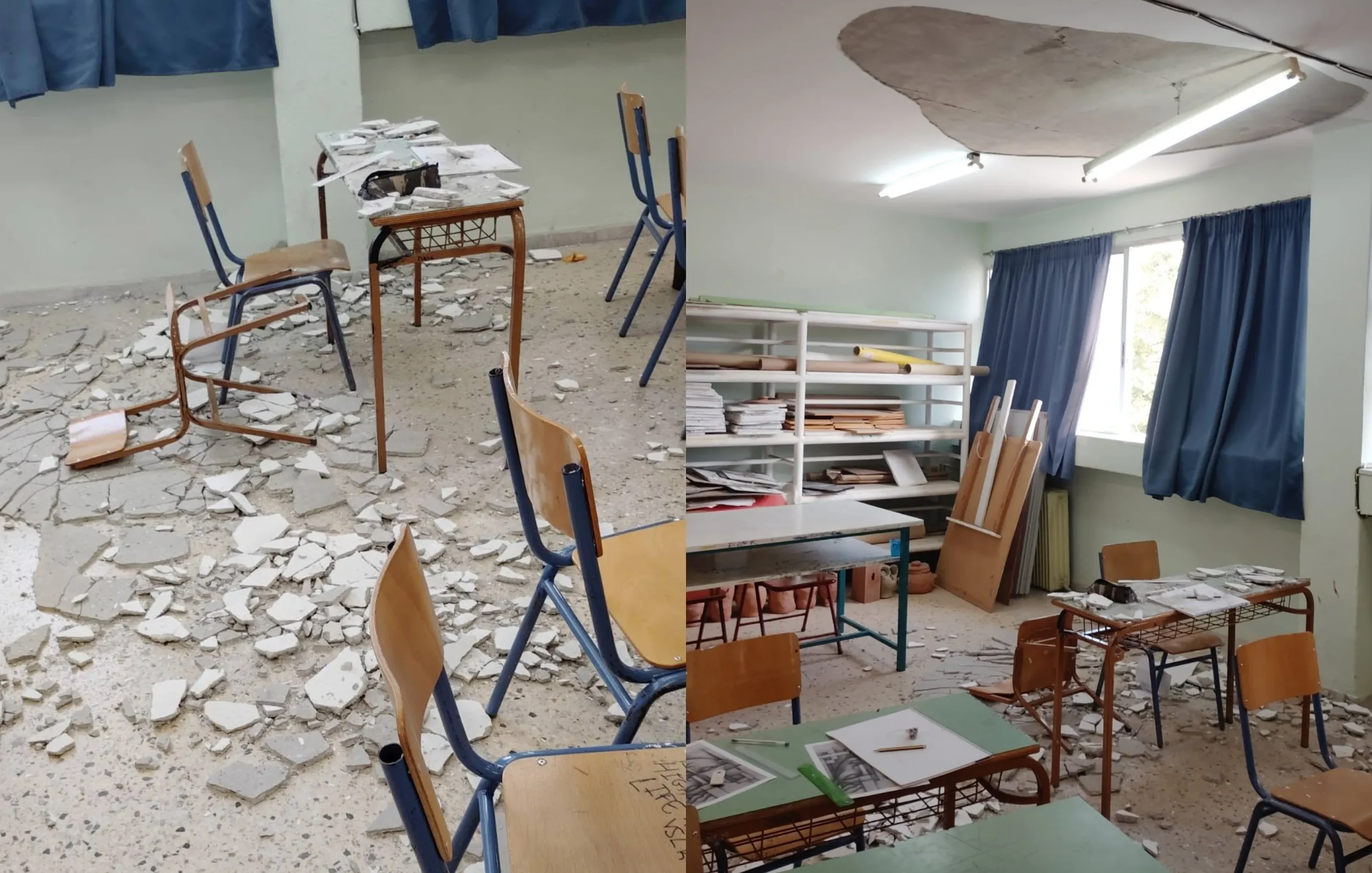 Σχολική αίθουσα με ζημιά στην οροφή από πτώση σοβά